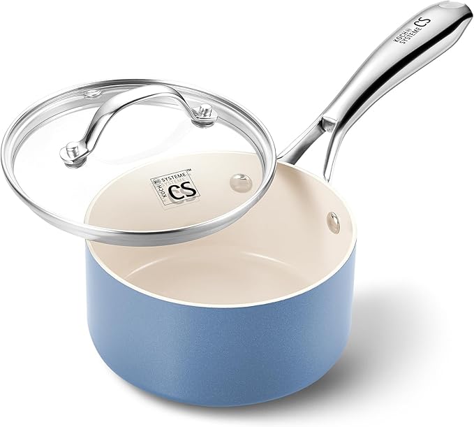 KOCH SYSTEME CS Small Saucepan with Lid, 1 Quart Nonstick Sauce Pan with PFAS-FREE Ceramic Coatings, Non-Toxic, Scratch-Resistant Small Cooking Pot with Lid, 1QT Small Sauce Pan, Blue