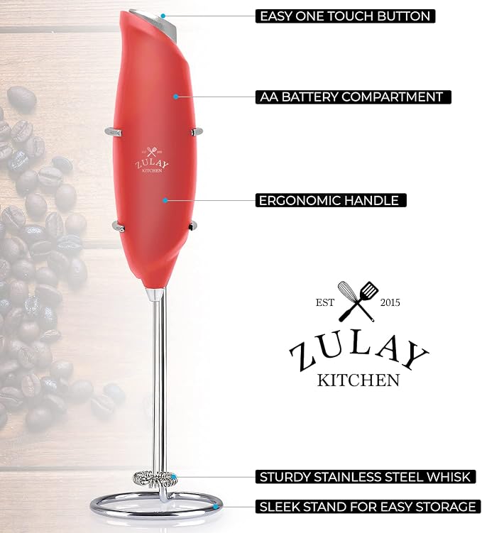 Zulay Kitchen Premium One-Touch Milk Frother for Coffee - Easy-Use Frother Handheld Foam Maker - Electric Whisk Drink Mixer for Cappuccino, Frappe, Matcha and Hot Chocolate (Cardinal Red)