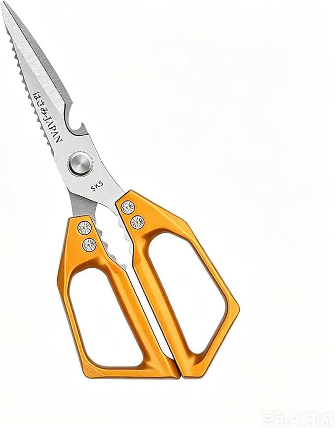 Heavy Duty Rust Proof Multi-Purpose Kitchen Shears(Golden) | Suitable for Chicken, Fish, Steak and Vegetables. Built-In Fish Scaler & Bottle Opener, Dishwasher Safe.