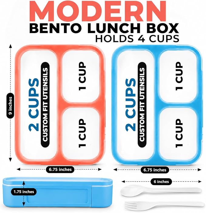 Kinsho Bento Lunch Boxes For Adults Or Kids | Large 3 Compartment Containers With Dividers For Meals And Snacks For School Or Work Lunches, Women Men Includes Utensils | Coral Blue 2 Pack