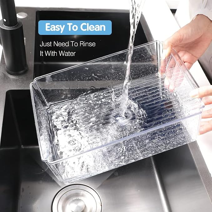 Pure Future 10-Pack Clear Fridge Organizer Containers with Lids, Stackable BPA-Free Refrigerator & Produce Storage Containers with Drain Tray & Anti-Slip Base for Fruits, Veggies & Drinks