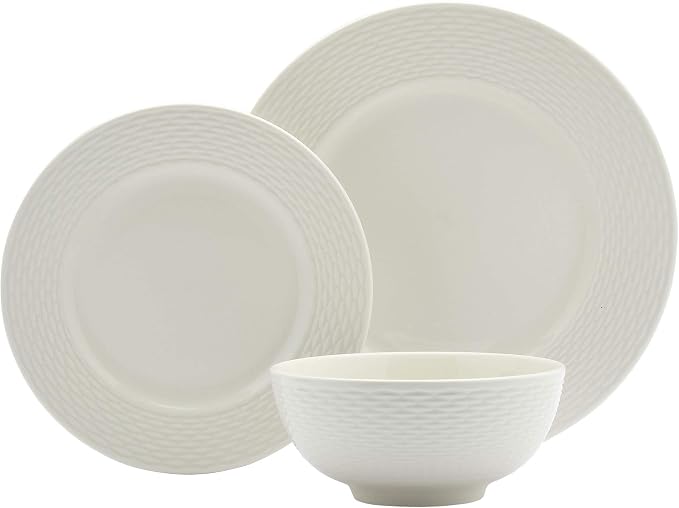 Tabletops Gallery Embossed Bone White Porcelain Round Dinnerware Collection- Chip Resistant Scratch Resistant, Dubai 12 Piece Dinnerware Set (Dinner Plate, Salad Plate, Cereal Bowl)