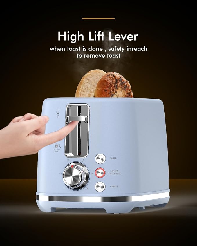 LONGDEEM 2 Slice Toaster with 1.5" Extra Wide Slots & Removable Crumb Tray 6 Browning Options, Auto Shut Off & Frozen Function, Toast Fruit Bread, Bagel & Waffle, Blue