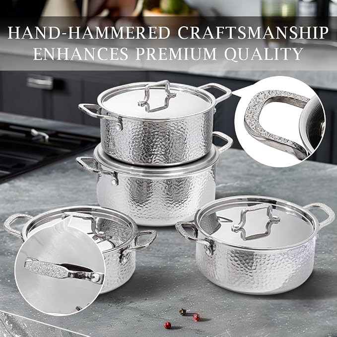 Vivicreate Tri-Ply Stainless Steel Stockpot Deep Cooking Pot with Hammered Exterior Compatible with All Stovetops Even Heat Distribution Durable Cookware for Soups Stews and More 3 QT
