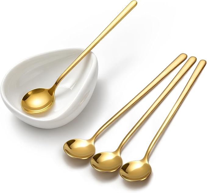 Coffee Bar Accessories: Espresso Accessories - Coffee Stirrers for Hot Cocoa Bar Supplies - Set of 4 Gold Decor Coffee Spoons with 1 Ceramic Spoon Rest - Ideal CoffeeLover Gifts