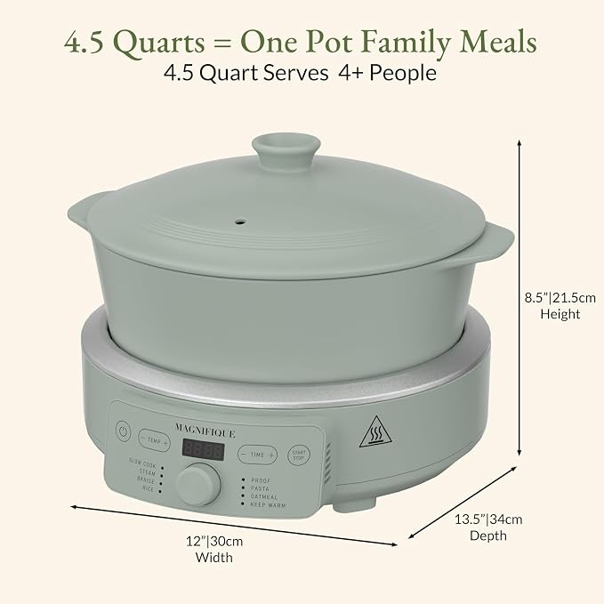 MAGNIFIQUE Slow Cooker, 4.5 Quart 8-in-1 Clay Pot Multi-Cooker, Non-Toxic Slow Cooker with Removable Clay Pot, for Rice, Pasta, Steam & Proof, Nonstick, Oven Safe Pot to 500°F, Olive