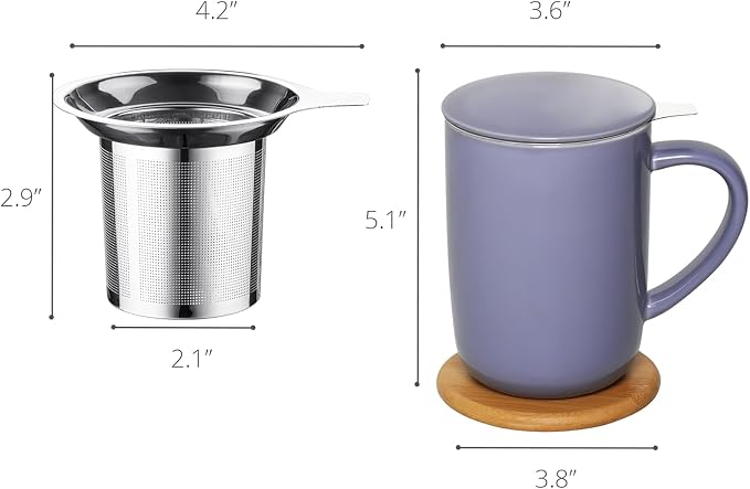 CEEFU 16oz Porcelain Tea Mug with Infuser, Lid and Coaster | Teaware with Filter, Loose Leaf Tea Cup Steeper Maker, Tea/Coffee/Milk/Women/Office/Home/Gift, Purple