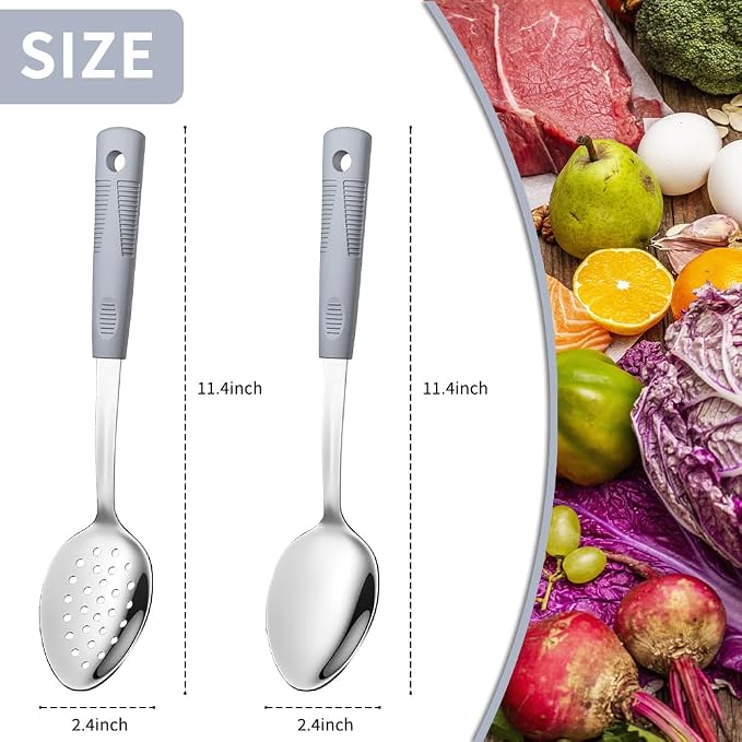 Serving Spoon Set with Silicone Handles,2-Piece spoon | Stainless Steel Serving Spoon, Slotted Spoon & Soup Ladle Set for Buffet and Home Kitchen