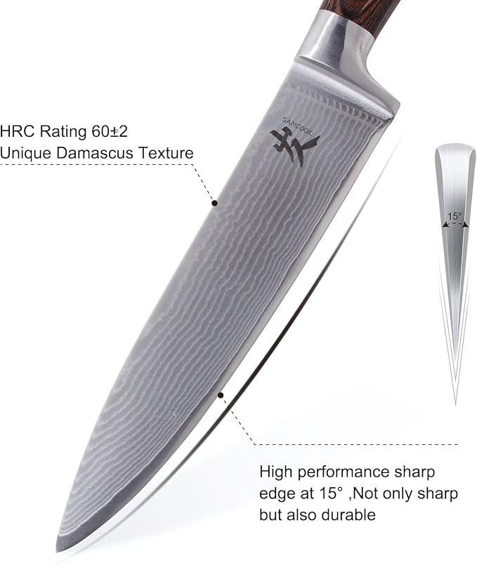 SAMCOOK Damascus Chef Knife - 8 Inch Professional Sharp Kitchen Knife, High Carbon Stainless Steel Meat Sushi Cutting Gyuto knife - Ergonomic Pakkawood Handle with Gift Box