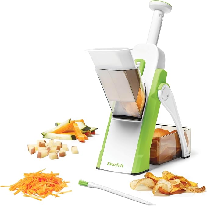 Starfrit Pump'n'Slice Vertical Mandoline, Food Slicer & Chopper, Safe | Safe enclosed blades. Adjustable slicing. Julienne & dice. Ideal for fruits & vegetables. Folds for storage.