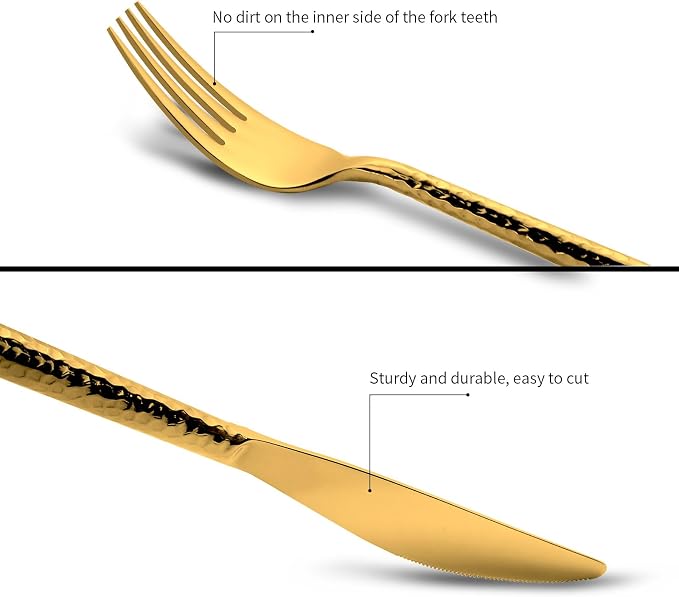 Gold Flatware Set Round Hammered Handle 20 Pieces Service for 4 | Silverware Set 18/10 Stainless Steel, Hand Forged Heavy Cutlery, Mirror Finished, Wedding Housewarming Gift, Dishwasher Safe