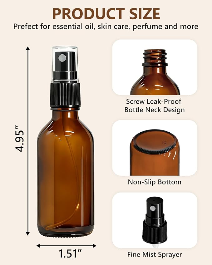 KEYWING 36 Pack 2oz Mini Amber Glass Spray Bottles for Essential Oils | Empty Small Fine Mist Spray Bottles Bulk for Cleaning, Hair, Travel, Plants, Skin Care