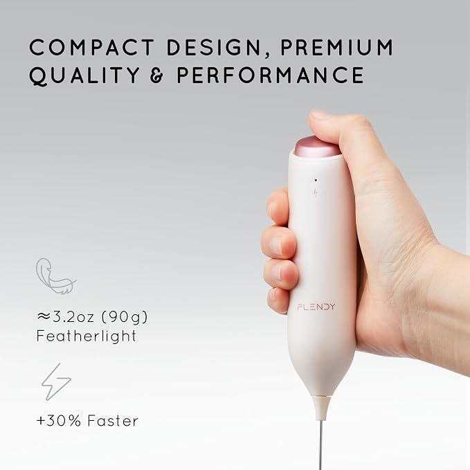 Flendy Rechargeable Milk Frother Handheld with Charging Stand | USB-C Charging Dock, 2 Detachable Double Whisk, Extra Long Mixer Wand, Wall Mount, Top Button, Compact Electric Stirrer