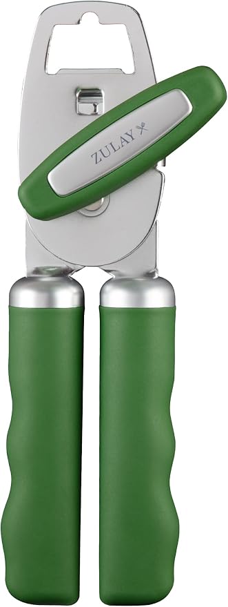Zulay Kitchen Heavy Duty Stainless Steel Can Opener Manual with Bottle Opener - Rust Proof Manual Can Opener With Turn Knob & Comfy Soft Grip Handles - Artichoke Green
