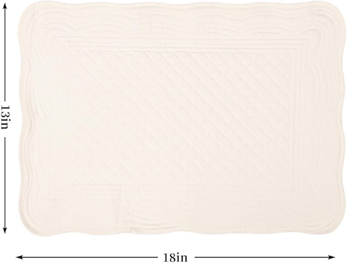 Quilted Placemats Set of 4 18"X13" Cotton Placemats Washable Cloth Table Mats for Kitchen Table (Cream White)