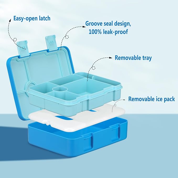 JOOPETALK Chill Bento Lunch Box for Kids Adult with Ice Pack,6-Compartment Reusable Leak-proof Lunch Container for Girls Boys to School,Keep Food Cold&Fresh,Dishwasher & Freezer Safe