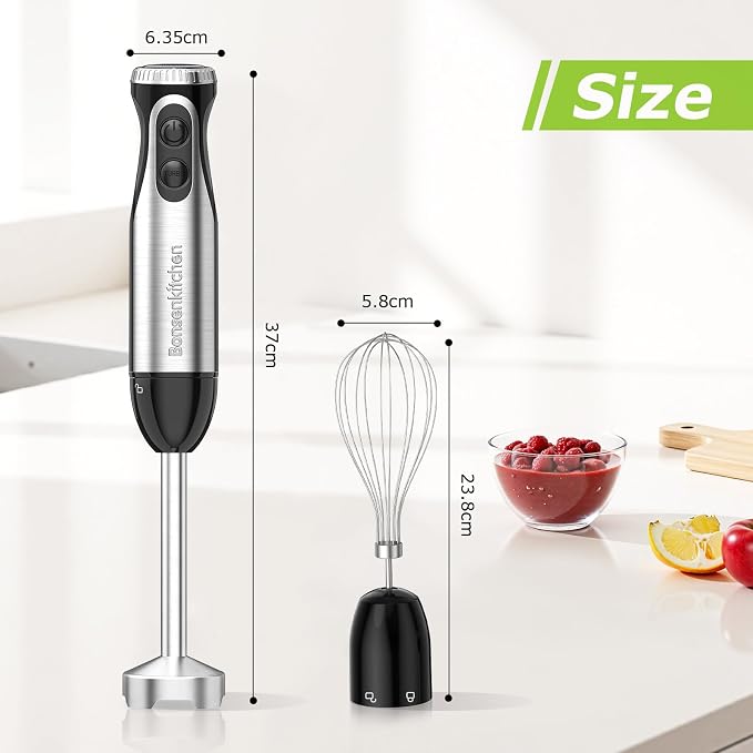 Bonsenkitchen 2-in-1 Immersion Handheld Blender with 20 Speeds & Turbo Mode | 500W Hand Blender, Egg Whisk, 304 Stainless Steel Blade, Portable Hand Mixer for Smoothie, Soup, Baby Food