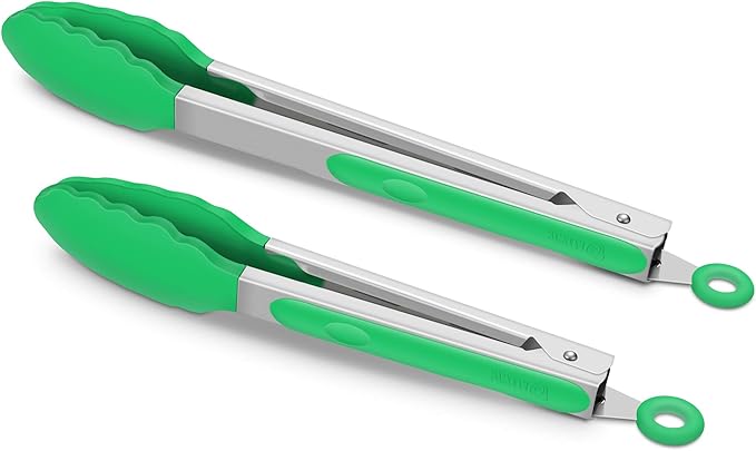 2 Pack Silicone Kitchen Tongs – 9" & 12" Set, Heat Resistant up to 500°F, Non‑Stick Cookware Safe, Wavy Silicone Tips, BPA Free, Locking Clip & Hanging Loop, Dark Green