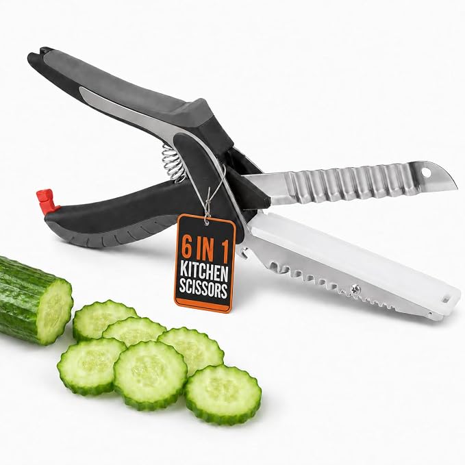 6-in-1 Cutting Board Scissors, Ribbed Stainless Steel Blade | Dishwasher-Safe Kitchen Scissors for Food, Meat, Fish, Cheese, and Herbs, Spring-Assisted Faster Prep, Non-Slip TPR Grip