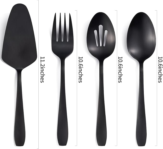 Matte Black Serving Set 4PCS Stainless Steel Hostess Utensils | Include: slotted spoon serving spoon serving fork and cake server, for buffets/gatherings/daily meals, dishwasher safe