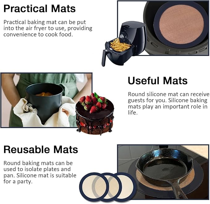 3Pcs Round Silicone Baking Mats, 8 inch Circle Mats for Cake Pan | Reusable, Easy to Clean, Nonstick