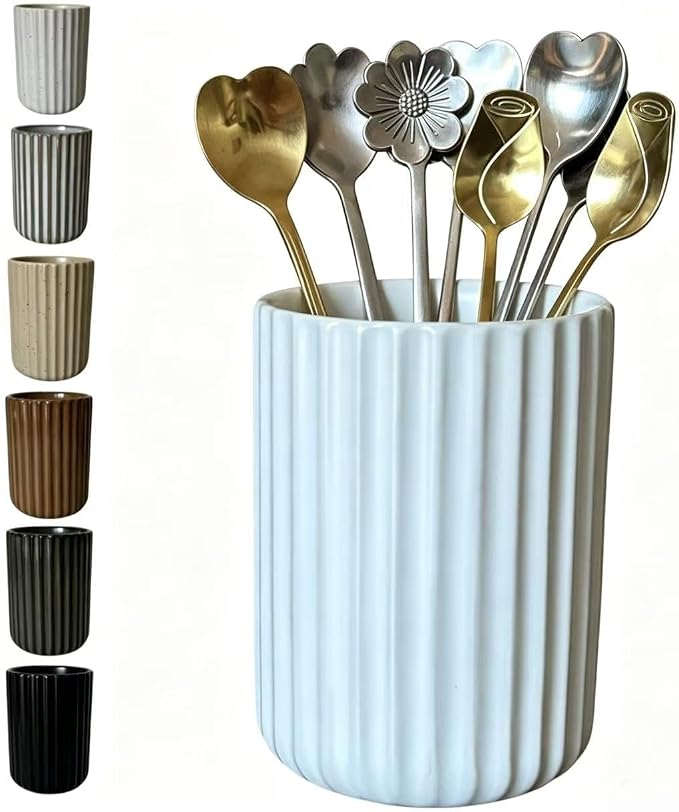 TOPYOKK Stoneware Coffee Bar Utensil Holder Tea & Coffee Spoon & Stirrer Holder for Stir Stick Straw Teaspoon Holder Espresso Spoon Cup Small Utensil Jar Fluted Vertical Stripe (Matte White)
