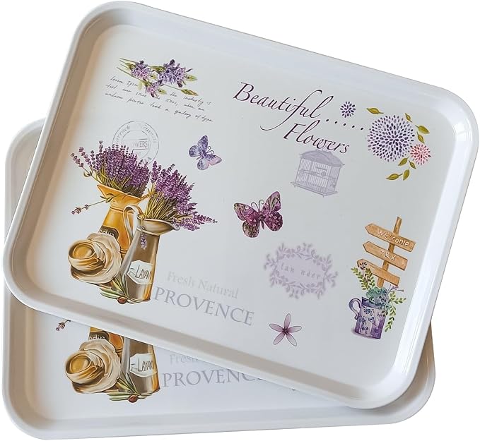 Large Floral Melamine Serving Trays 2 Pack Rectangle Food Platter | Stackable, Reusable, Raised Edge, Rectangular, Easy Clean,For Gift, Party, Decor, Home, Restaurant Use,Household Dining
