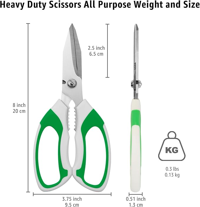 BoFuYuan Utility Scissors All Purpose heavy duty 8-Inch Green | Comfort Grip, Sharp Serrated Blades Cutting Carpet Cardboard Wire Fabric, Multipurpose Shears for Kitchen Garden Office Craft