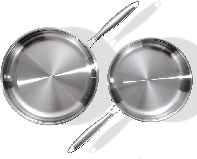 DELARLO Tri-Ply Stainless Steel Pan,18/10, 9" 11" | Nontoxic Durable Oven Safe 800℉ All Cooktops Compatible Fast Even Heat PFOA Free Large Frying Pan Nontoxic Cookware