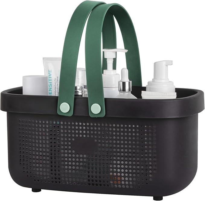 Portable Shower Caddy Basket with Handle Plastic Storage Basket Black Green | Sturdy Drainage Large Capacity Organizer Basket with Silicone Handles for Bathroom Kitchen Bedroom College Dorm Essentials