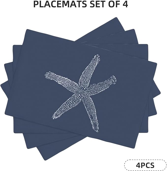 Summer Coastal Placemats Set of 4, Beach Theme Ocean Navy Blue Starfish Decorative Table Mat 12 x 18 Inch Heat Resistant Non Slip Line Fabric Nautical Place mat for Dining Table