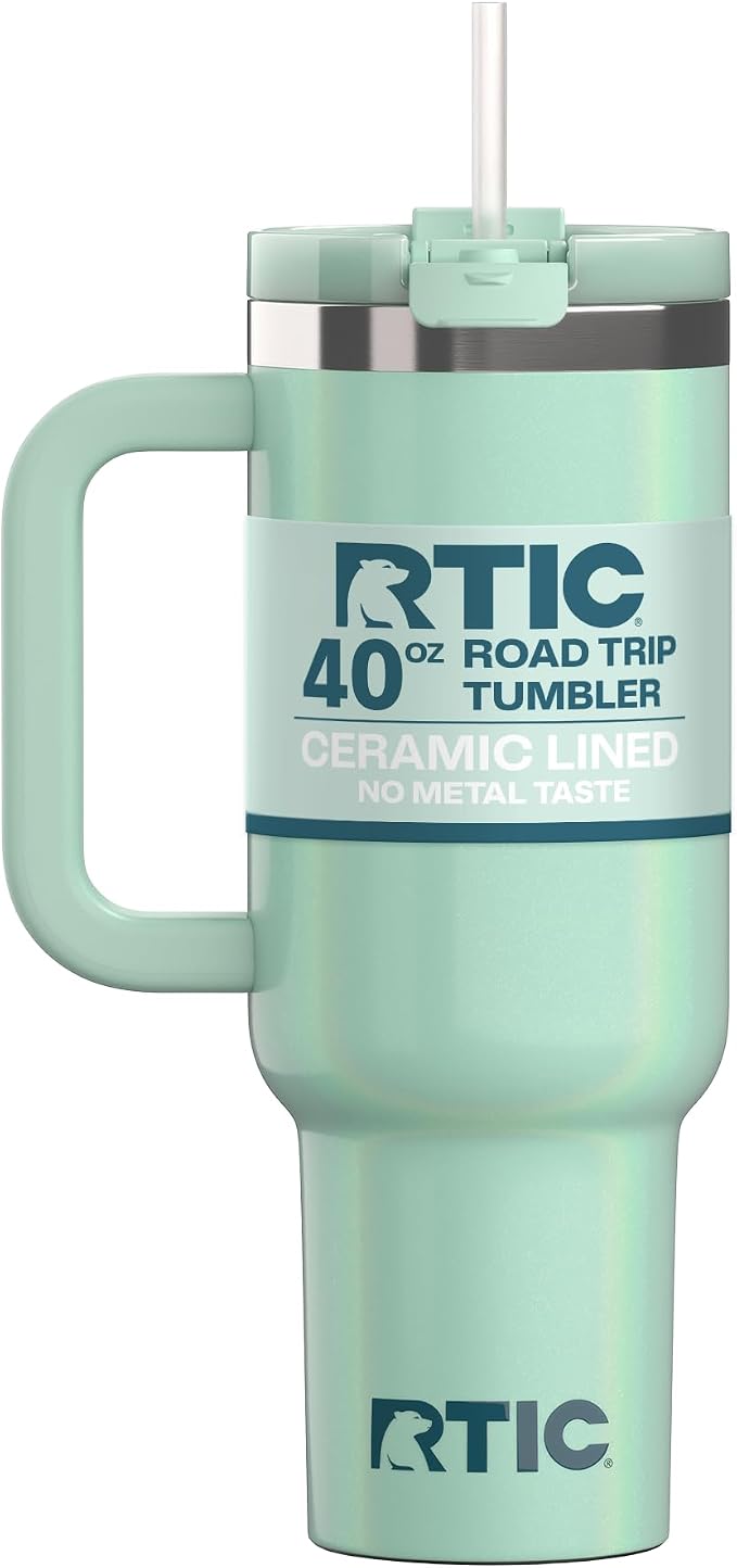 RTIC 40oz Road Trip Tumbler, Insulated, Ceramic Lined, Fresh Mint Glitter | with Lid, Handle and Straw, Stainless Steel Metal Cup, Portable for Hot and Cold Drinks, Coffee, Car, Camping, Travel