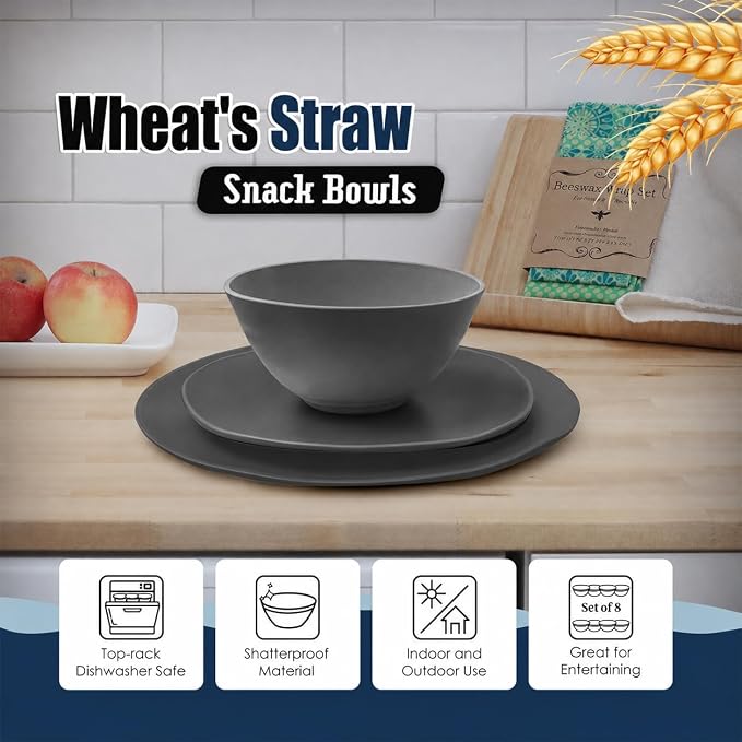 Teivio 96-Piece Plates and Bowls Sets for 8, with Flatware Dinnerware Sets | Unbreakable Plastic Wheat Straw Dinner Plate set, Cereal/Pasta Bowls, Cups, Dishwasher, Kitchen Outdoor RV Dish Set, Black