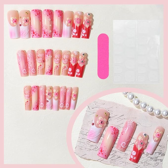 24Pcs Long Coffin Press On Nails Pink Gradient Fake Nails with 3D Flower& Rhinestone Design Summer Glue On Nails Acrylic Nail Tips False Nails Full Cover French Tip Stick on Nails for Women Manicure