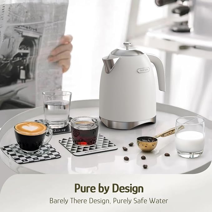 Hazel Quinn Electric Kettle 1.7 Liers(57oz) Stainless Steel, Pearl White | 1200W fast boiling, BPA-free, cordless with rotating base and auto shut-off; ideal for home or office and daily use