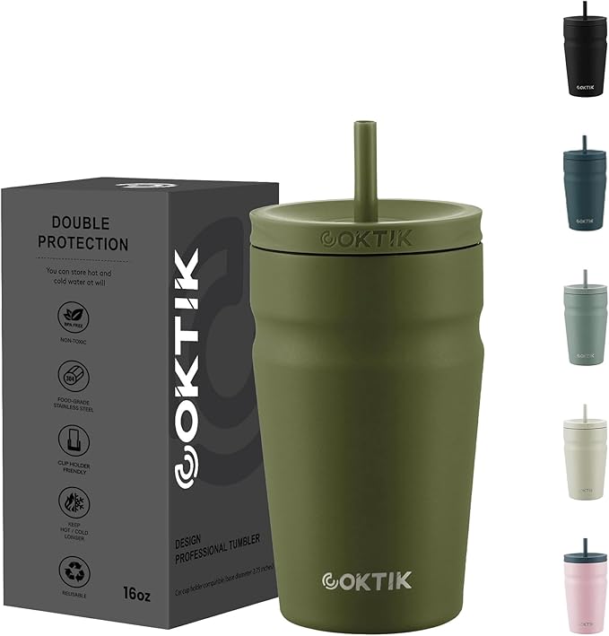 COKTIK 16oz Insulated Tumbler with Lid and Straw Iced Coffee Cup Reusable Stainless Steel Travel Mug Water Bottle Cupholder Friendly for Women Men Her Him (Olive)