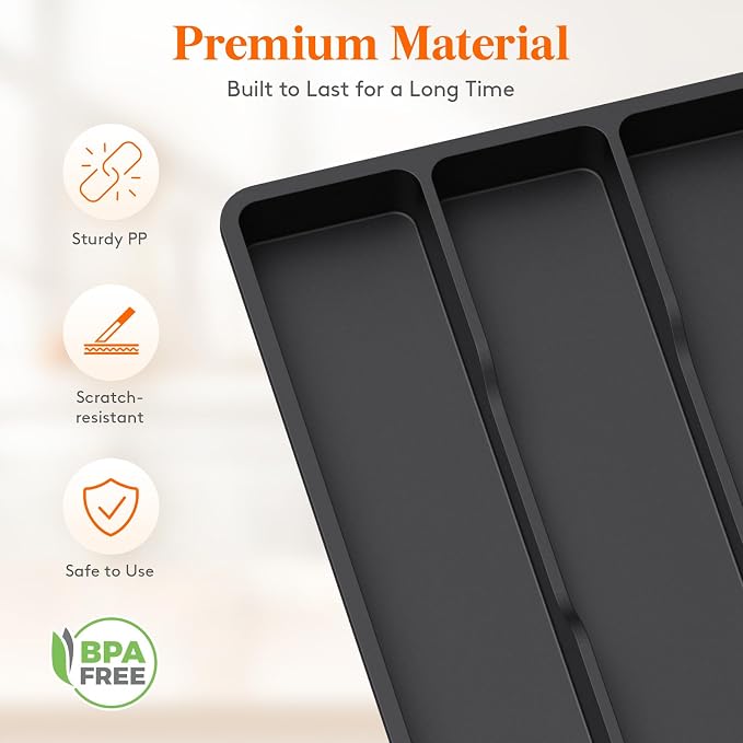 Lifewit Utensil Organizer for Kitchen Drawer, Expandable Cooking Tray | Adjustable Cutlery Flatware Holder, Plastic Silverware Spatula Tools Storage Divider, 11.9-17.3 x 15.8", Black