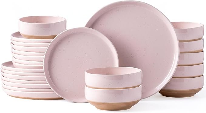 AmorArc Dinnerware Sets for 8, 24 Pieces Ceramic Plates and Bowls Set | Scratch Resistant Stoneware Dishes Set, Dishwasher & Microwave Safe, Cloud Pink