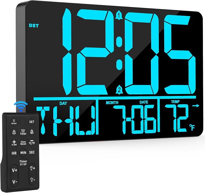 PERSUPER 13" Digital Wall Clock Large Display with Remote, Temp & Timer | Auto Dimming, 12/24H, DST, Calendar, 25 Ringtones, for Living Room, Bedroom, Office & Elderly - Blue