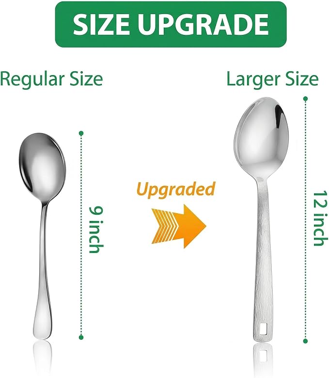 4 Pack Stainless Steel Serving Spoons, 12 Inch Large Buffet Serving Utensils, Heavy Duty 18/8 Metal Spoons with Textured Handle, Dishwasher Safe for Catering, Party, Kitchen