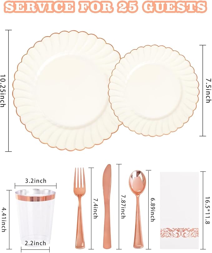 YOUBET 175PCS Ivory Scalloped Plastic Plates with Rose Gold Rim for Party | Rose Gold Disposable Dinnerware Set Include 50 Plates, 75 Rose Gold Silverware, 25 Cups, 25 Napkins for Wedding Baby Shower