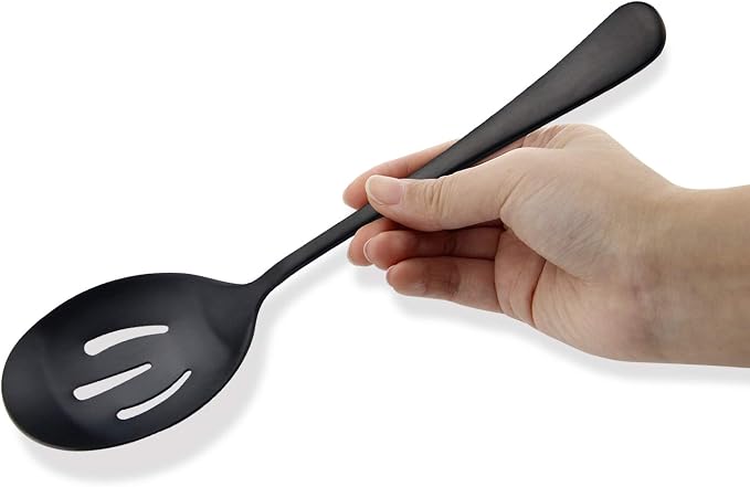 AOOSY 8.7Inch Matte Black Stainless Steel Serving Spoon Set,6Pcs | Serving Spoons x 3, Slotted Spoons x 3,Utility Advanced Buffet Utensils, Premium Skimmer & Perforated Design