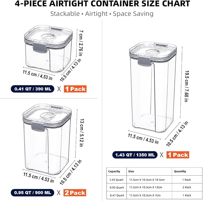 4-Piece Airtight Vacuum Food Storage Containers with Hand Pump, Reusable Leak-Proof Plastic Canisters for Longer Freshness (1.43 QT, 0.95 QT*2, 0.41 QT)