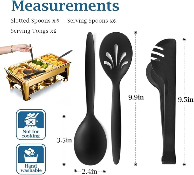 Reusable Plastic Serving Utensils Set of 18, Wheat straw Large Serving set 10" Serving Spoons/10" Slotted Spoons/9.4" Tongs, for Party Chafing Dish Buffet Catering (Black, Not for Cooking)