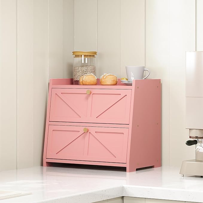 Trironsun Vintage Double Layer Bread Box for Kitchen Counter Bamboo Bread Storage Container Large Capacity Bread Storage Bin (Pink)