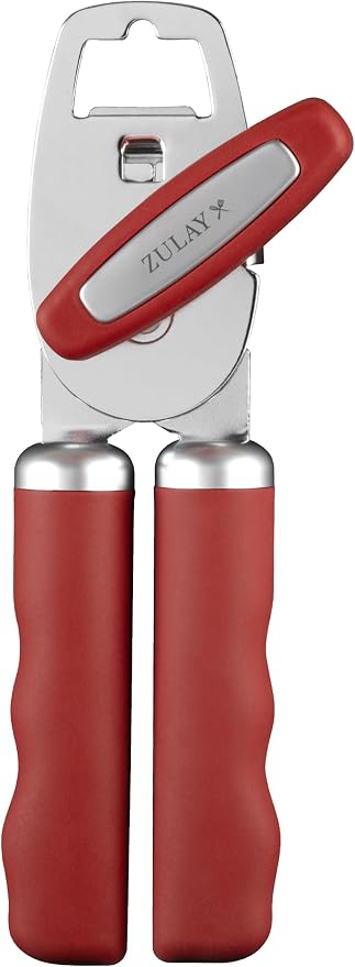 Zulay Kitchen Heavy Duty Stainless Steel Can Opener Manual with Bottle Opener - Rust Proof Manual Can Opener With Turn Knob & Comfy Soft Grip Handles - Red