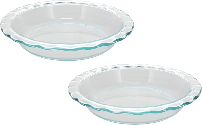 Pyrex Fluted Rim Glass Pie Plates (2-Pack) - Made in USA | Scalloped Edge Design | Tempered Construction | Even Heat Distribution | Scratch Resistant Surface | Stackable Storage
