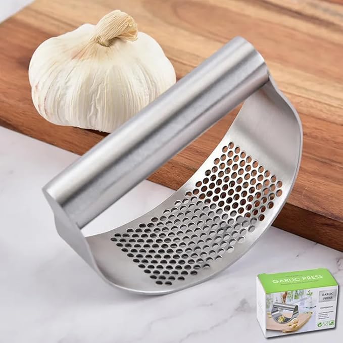Garlic Press Rocker, Stainless Steel Garlic Mincer and Heavy Duty Stainless Steel Garlic Press Garlic Crusher,mincer tool Easy-Squeeze Garlic Tool with Peeler Cleaning Brush for Smashing Garlic