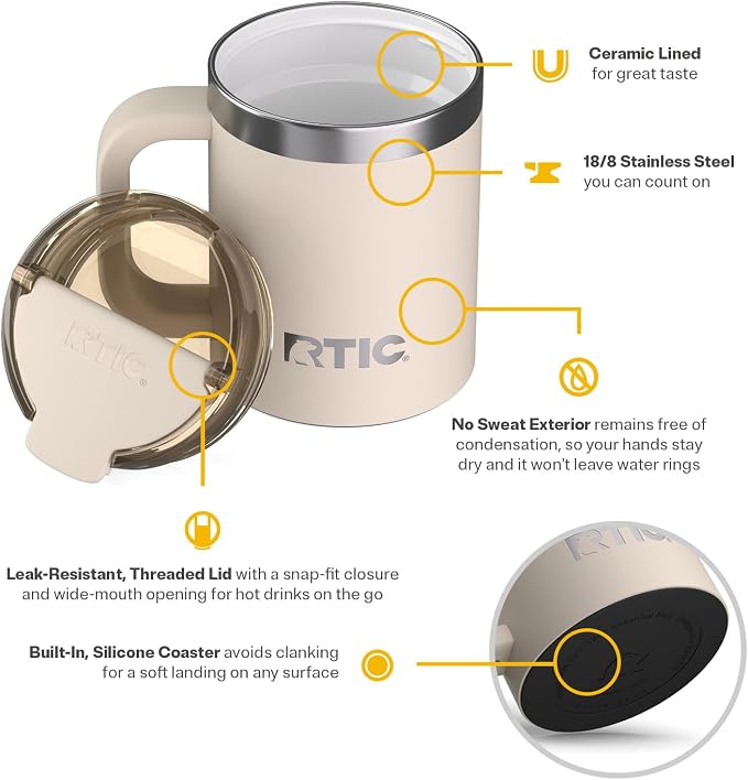 RTIC 12oz Essential Mug with Lid and Handle, Ceramic Lined, Beach | Stainless Steel Metal, Insulated Travel Cup for Hot and Cold Drinks, Coffee, Car, Camping and Travel
