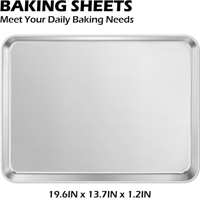 Leonyo Non-Toxic 20x14IN Large Stainless Steel Baking Sheets, 2 Pack | Commercial-Grade 14x20IN Metal Extra Large Cookies Sheet Pan For Baking, Toaster Oven Baking Trays, Dishwasher Safe